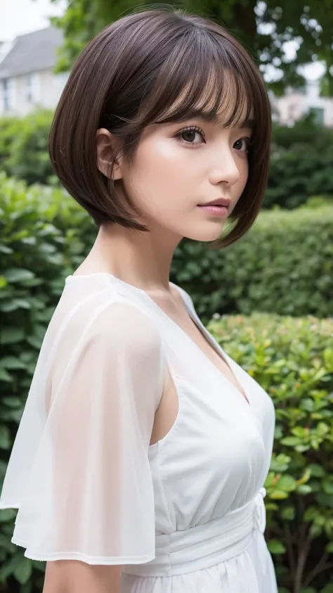 High resolution, White clothes、Transparency、Bob Hair, 50 years old