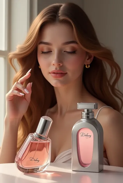 Create the image of a woman with brown hair, long hair length, spraying perfume on her hair, the perfume bottle needs to be 4cm wide, 13.5cm high, 2.5cm deep, silver spray, very light pink color, with a "high heel drawn on the bottle" and the writing "DEST...