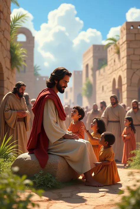 Create Jesus sitting on a rock with white-skinned children on his lap pointing at him and around him men and women dressed in biblical-style robes in a city of ancient Jerusalem, with details of nature in the style of Disney Pixar.