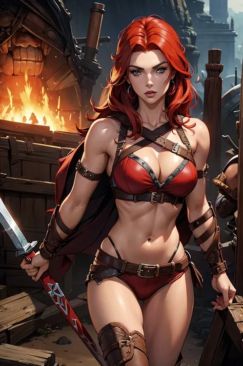 A woman with red hair, a very beautiful berserker woman, sultry body, with the face of Actress Ashley Greene, a barbarian pirate trailblazer, wearing a warrior&#39;s leather armor, wearing left eye patch, similar to Red Sonja, Marvel heroine style, 8k, bes...