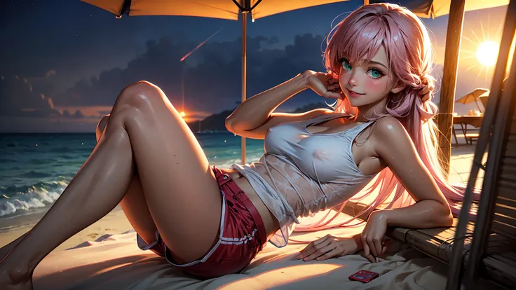 realistic, 1girl, long pink hair, green eyes, glowing eyes, see through tank top, short shorts, big smile, blush, shy, night, beach, sun, sunlight, camel toe, wet, beautiful girl