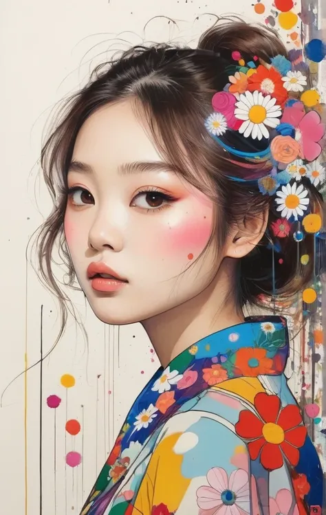 Takashi Murakami style、The most beautiful girl of all time、Lips in Love、Colorful flowers、Simple line initials、Abstract art、Urban Background,