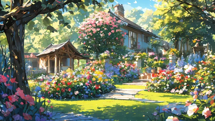 A colorful summer garden, filled with blooming flowers and vibrant greenery, surrounded by a white picket fence. The garden is teeming with life, as butterflies flutter around and bees buzz from flower to flower. The sun shines brightly, casting warm rays ...