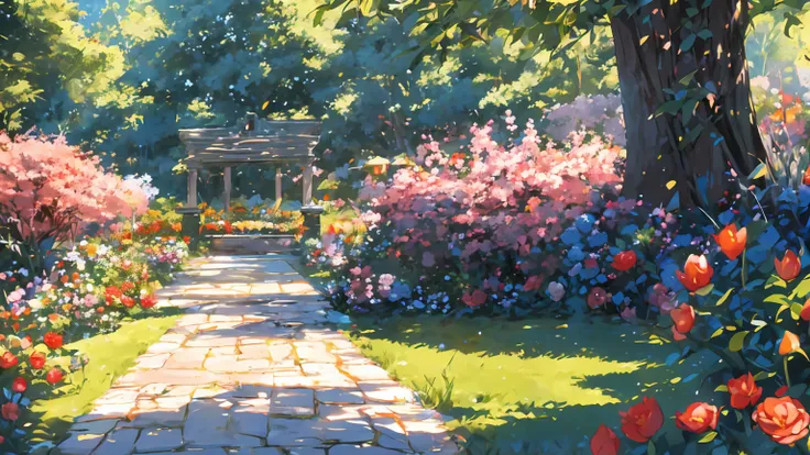 A colorful summer garden, filled with blooming flowers and vibrant greenery, surrounded by a white picket fence. The garden is teeming with life, as butterflies flutter around and bees buzz from flower to flower. The sun shines brightly, casting warm rays ...