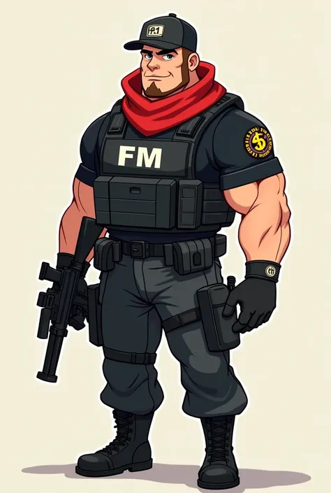 Male cartoon character with bulletproof vest that says FM, an AR15, black cap that says R1, black shirt PROSECUTOR&#39;S OFFICE, black pantaloon, tactical boots and red scarf around the neck 