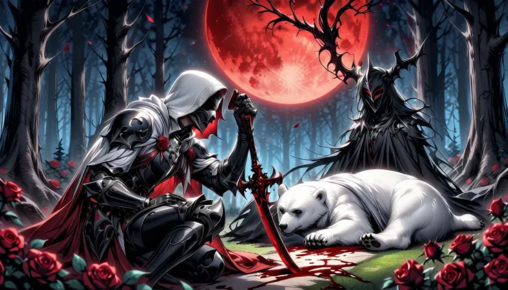 Male knight with a white hood with bear ears with sword behind his back sits on the ground towards a polar bear in a forest while the moon shines, many Roses cover the ground and lightning falls from the sky. The polar bear sleeps in front of the knight. O...