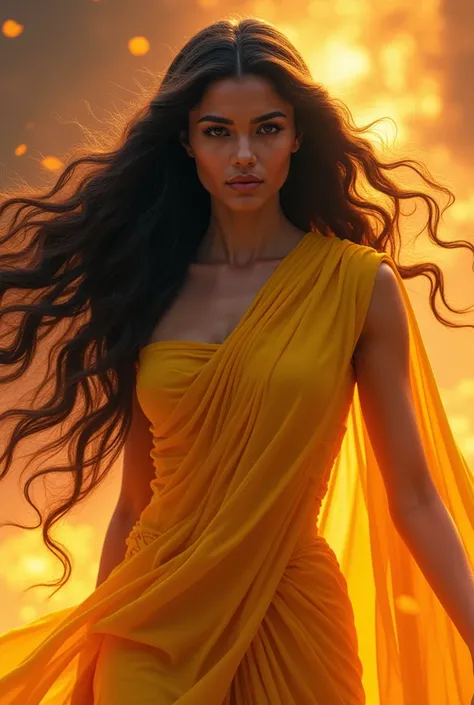 Long hair goddess Sita,fiery yellow dress,ancient look,fiery background