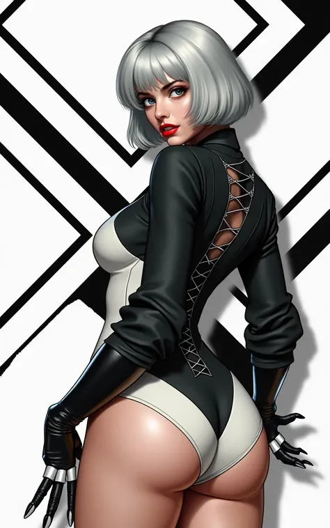 (masterpiece, best quality)), ((((perfect anatomy)))), Caucasian android woman with short silver hair, ((elaborate black dress)) (((white high cut leotard))), big butt, black eye-band, white and black gloves, digital black pattern background, ((((realistic...