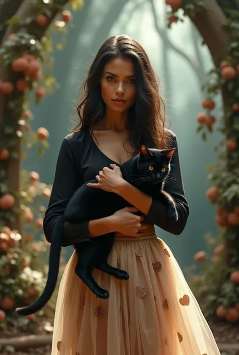 A Brazilian, wearing a black blouse,a beige tulle skirt with a heart print holding a black cat, in a magical setting