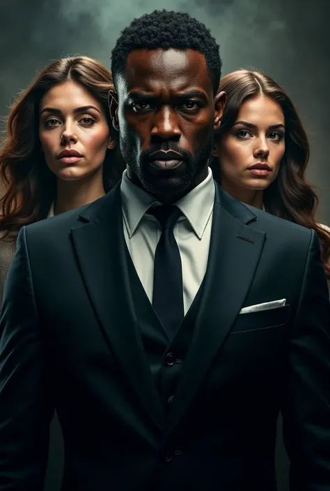 Create a cover for a thriller movie with 3 characters, a dark-skinned man in a suit and two women, being a white and a brunette. 