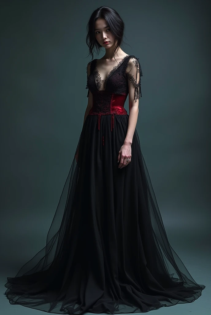 Make me a mental health inspired dress that has an indigo blue color palette, negro, and blood red. That includes muslin as fabric, tulle and velvet, that is inspired by mental problems and has a gothic touch