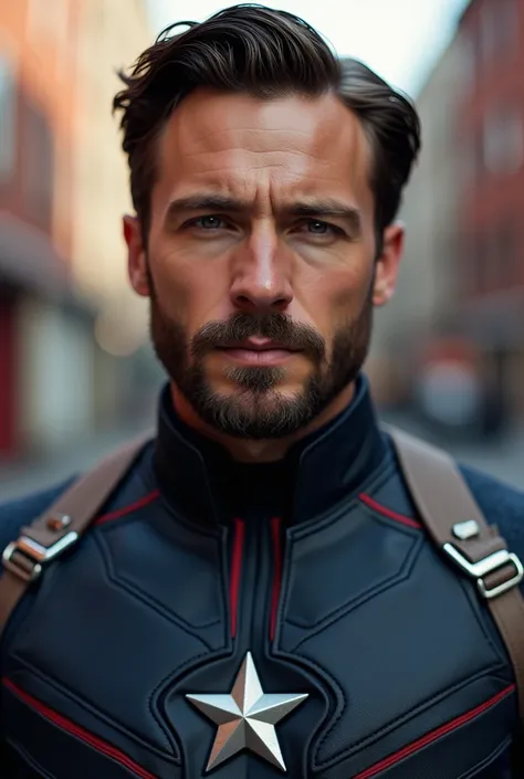 Portrait photo of Chris Evan’s , combination of an anchor beard and a disconnected mustache in a Mark LXXXV (Mark 85) suit,  (steel metal, elegant, sharp focus, soft lighting, vibrant colors, (masterpiece), ((streets)), (detailed face:1.2)