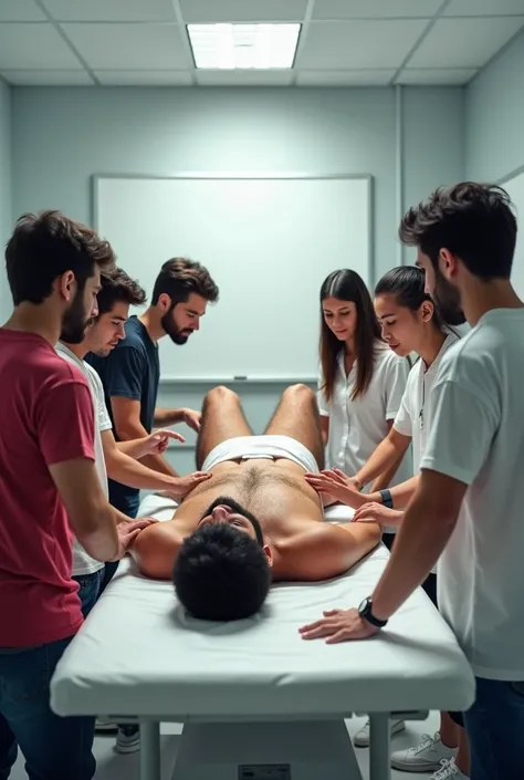 In an anatomy classroom, a young iranian man, stark, brawny, very bearded and hairy body, is lying on an examination table completely, wearing only white underwear. He is touched and examined closely by a group of curious casually dressed students around h...