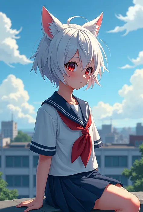 A boy with short white hair, with dark red eyes, He is cute, by tez clara, with wolf ears, He is , He is wearing a high school uniform and sitting on the roof of the school. It is very windy and it is noticeable in his hair. 