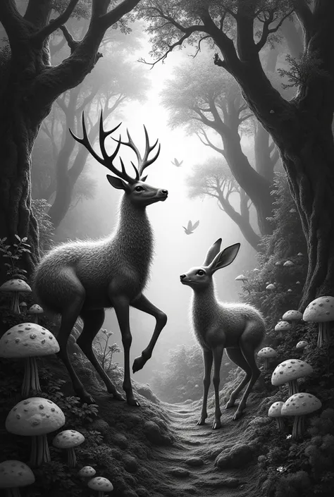 coloring animals from an enchanted forest, black and white image, surrealist details 