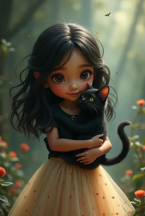 A child with wavy black hair,dark shaped eyes, brazilian features, wearing a black blouse,a beige tulle skirt with a heart print holding a black cat, in a magical setting