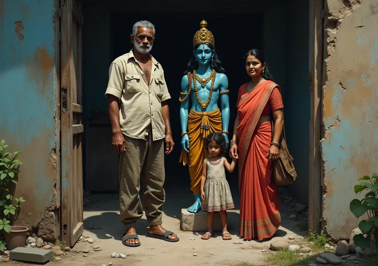  depicting a poor 4 rickshaw puller who is a devoted Krishna follower. He is wearing an old, worn-out shirt and pants. His wife stands next to him, dressed in an old, dirty saree. Their daughter, ready for school, stands beside them with a school bag on he...