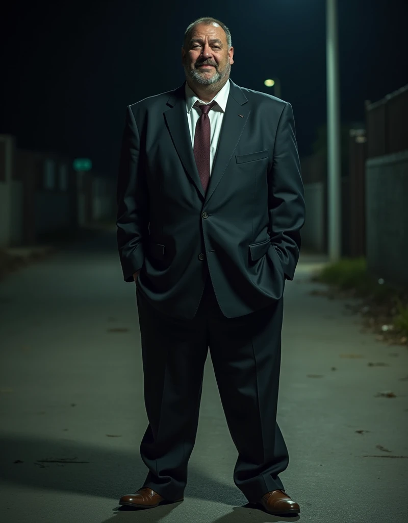 an amateur wearing a cheap suit. the suit is big and uncomfortable. the man has a slight smile of embarrassment. Its night, the environment is dark and empty.