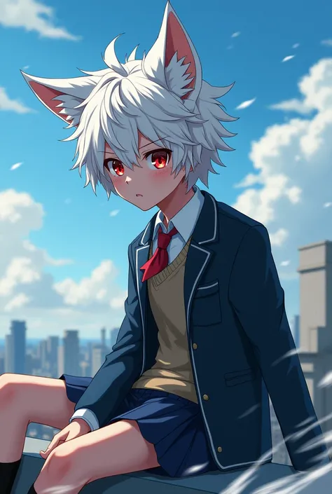 A boy with short white hair, with red eyes , by tez clara, with wolf ears, He is , He is wearing a high school uniform and sitting on the roof of the school. It is very windy and it is noticeable in his hair. 