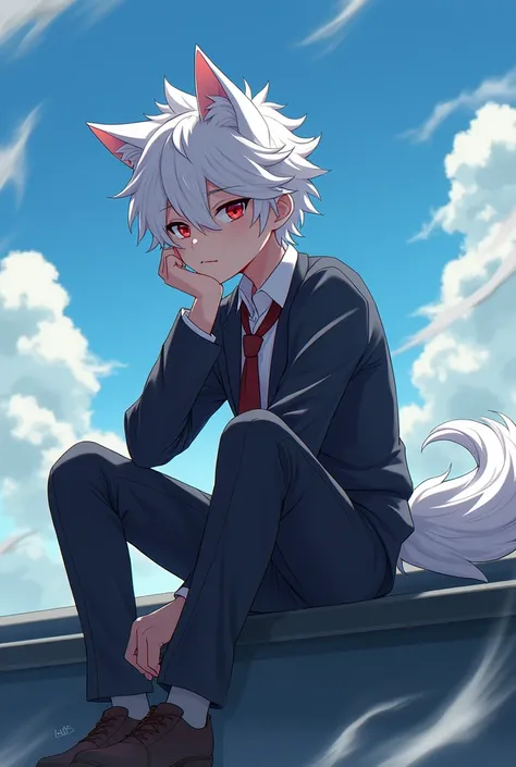 A boy with short white hair, with red eyes , by tez clara, with wolf ears, He is , He is wearing a high school uniform and sitting on the roof of the school. It is very windy and it is noticeable in his hair. 