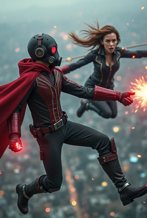 Young Star-lord with red hoodie, headphones, star-lord helmet, gas helmet, covered mouth, round red eyes, Red eyes, magic rings in the hands and rocket boots vs, Black widow, Fighting, power, fiction, full body, magic lasso, hog, fall, fire in boots, powef...