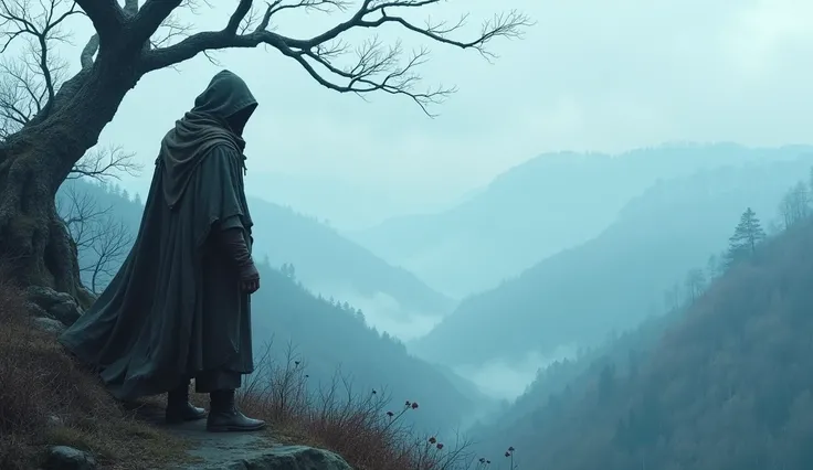 A man wearing a tattered cloak, A solitary figure, stands beside a gnarled, dead tree, overlooking a misty, blue-hued valley.
