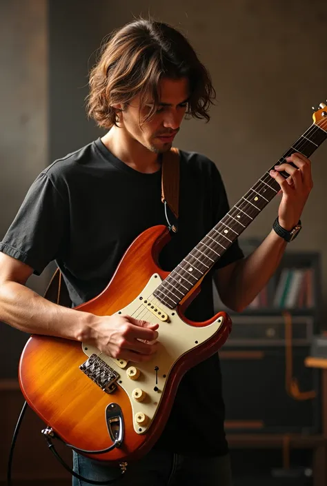 20 year old boy, brown haired guy playing a solo on a wood-colored strato guitar with black edges and white pickguard.