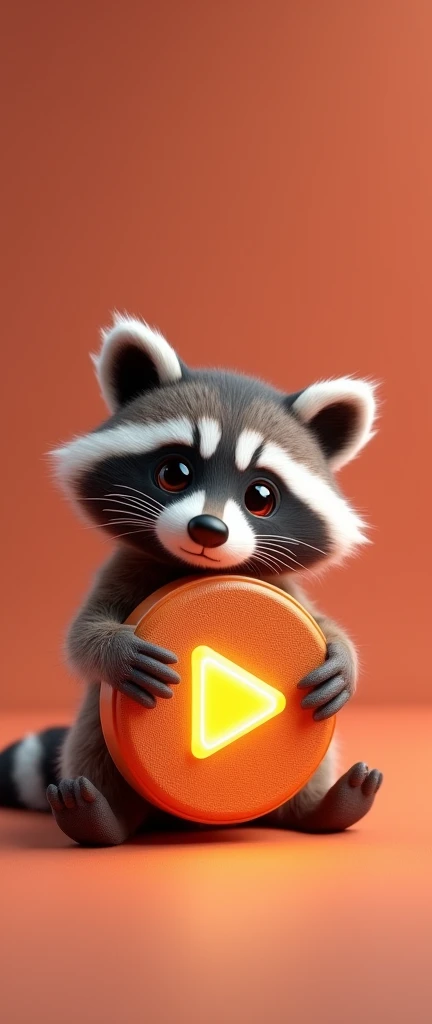 A 3D render of a baby raccoon sitting on a vibrant, plush surface, exuding innocence and adorableness. The raccoon is cuddling a luxurious, intricately detailed fluffy fur-shaped YouTube GOLDEN play button that glows enticingly. The buttons impeccable craf...