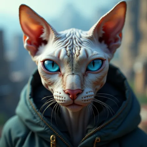 Closeup of bully-cat alien sphynx oldman wrinkled hyperrealistic Anthropomorphic  hyperdetailed frontal, sweet smile lightly, Calm serene ,  blue eyes . Background futuristic city . Raw photo 