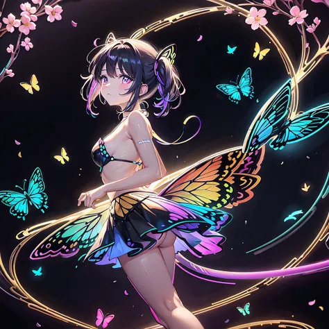 Many rainbow butterflies、Background black、Line Art、Neon lights，Double tail