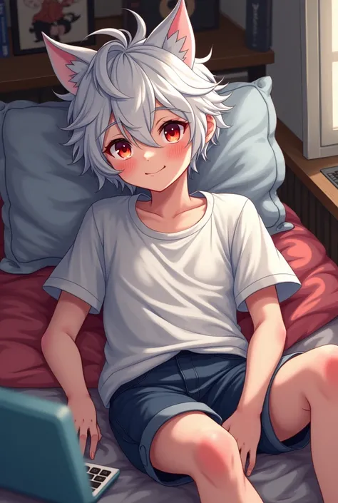 An anime boy who looks  with short white hair, with small red eyes , by tez clara, with wolf ears, dressed comfortably, resting at home. Her hair is messy and her unkempt yet charming look is accentuated by her casual clothes., consisting mainly of a baggy...