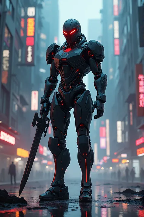 Dark_fantasy,cyberpunk,(sword gun ,Red:1.1),1man,Mechanical marvel,Robotic presence,Cybernetic guardian