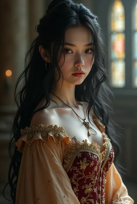 Make young girl, she is very beautiful, has black hair and black eyes, she is very beautiful, sexy and attractive, your skin is pale white 
she is wearing an oreto dress, medieval era middle ages 