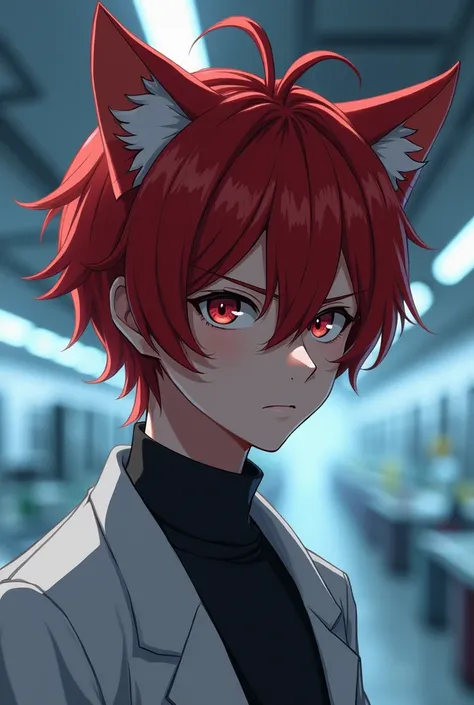 Serious anime boy with cat ears and red hair in a laboratory 