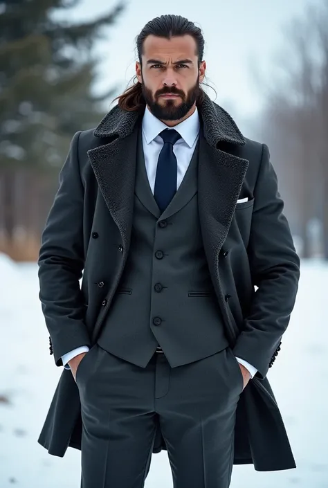 Full body Man thick lips athletic body masculine energy and sexy defined chin trimmed black beard shaded braid with gradient on the sides colored tattoo dressed in a coat and open showing the suit below three-piece suit: suit jacket classic lapels dark gre...