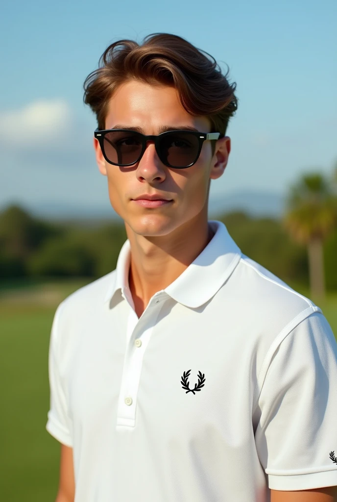 (Photorealism:1) golfer brown hair and eyes wearing a white Fred Perry polo shirt and Rayban sunglasses and white Nike sneakers 8k ultra realistic photorealistic super detailed 