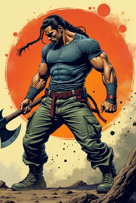 muscle man, Long hair with braid, fitted t-shirt trousers with several pockets, military boots, axe in hand manga style