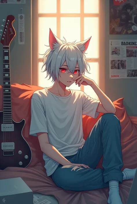 An anime boy who looks , tall and thin with short white hair., with small red eyes , by tez clara, with wolf ears, dressed comfortably, resting at home. Her hair is messy and her unkempt yet charming look is accentuated by her casual clothes., consisting m...