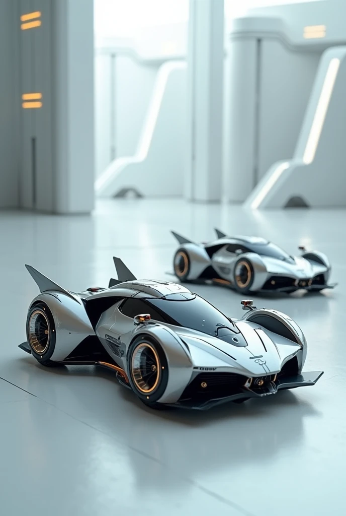 Small futuristic remote control cars front and back image
