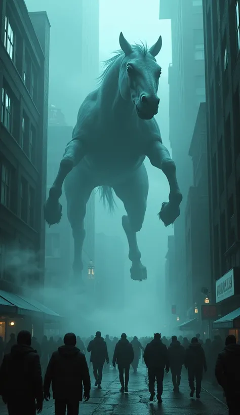 horror scene from a movie, giant tall scary mix breed of shark and horse figures semi transparent apparitions floating and flying, smoke on the floor,  in city street, running crowd running away