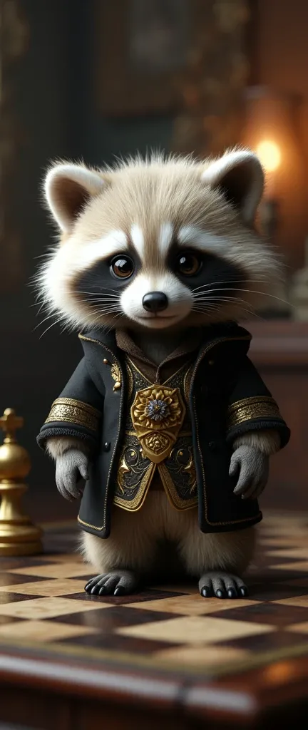 A mesmerizing 3D render of a cute, extra fluffy realistic baby raccoon dressed as a chess knight. The raccoon is placed on an antique wooden chessboard. The raccoon wears a royal black and gold outfit and has a polar bear-like head. Its intelligent and mis...