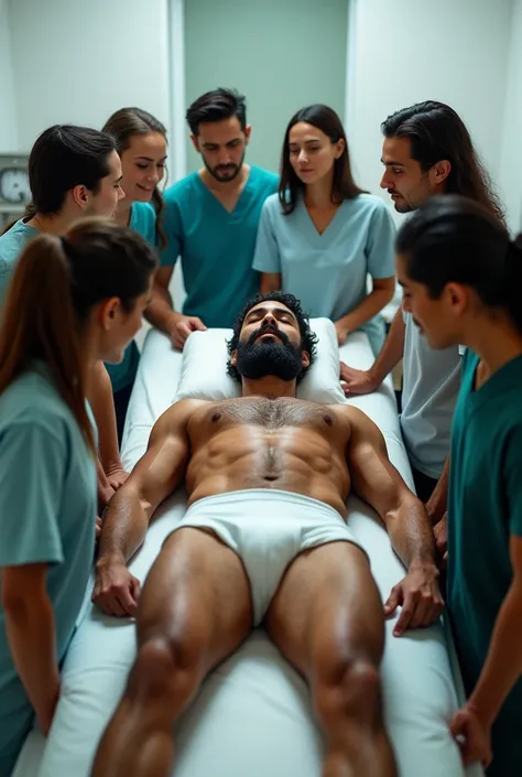 In an anatomy classroom, a young Puerto Rican man, muscular and toned, bearded man full beard and hairy body, is lying on an examination table completely, wearing only white underwear. He is touched and examined closely by a group of curious casually dress...