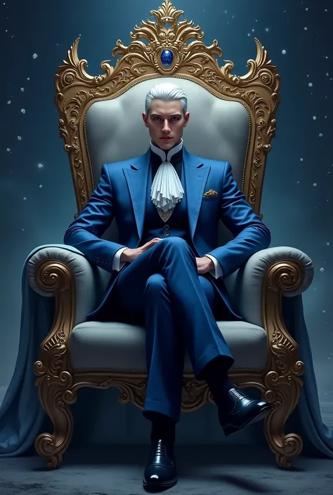 Prince with a crown with moon details blue suit on a throne with stars with short white hair and black or blue shoes  
