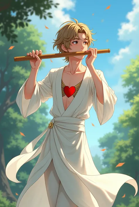 a young half-elf man with delicate, feminine features and shoulder-length light brown hair wearing white robes with a winged red heart symbol on his chest, playing the flute anime style
