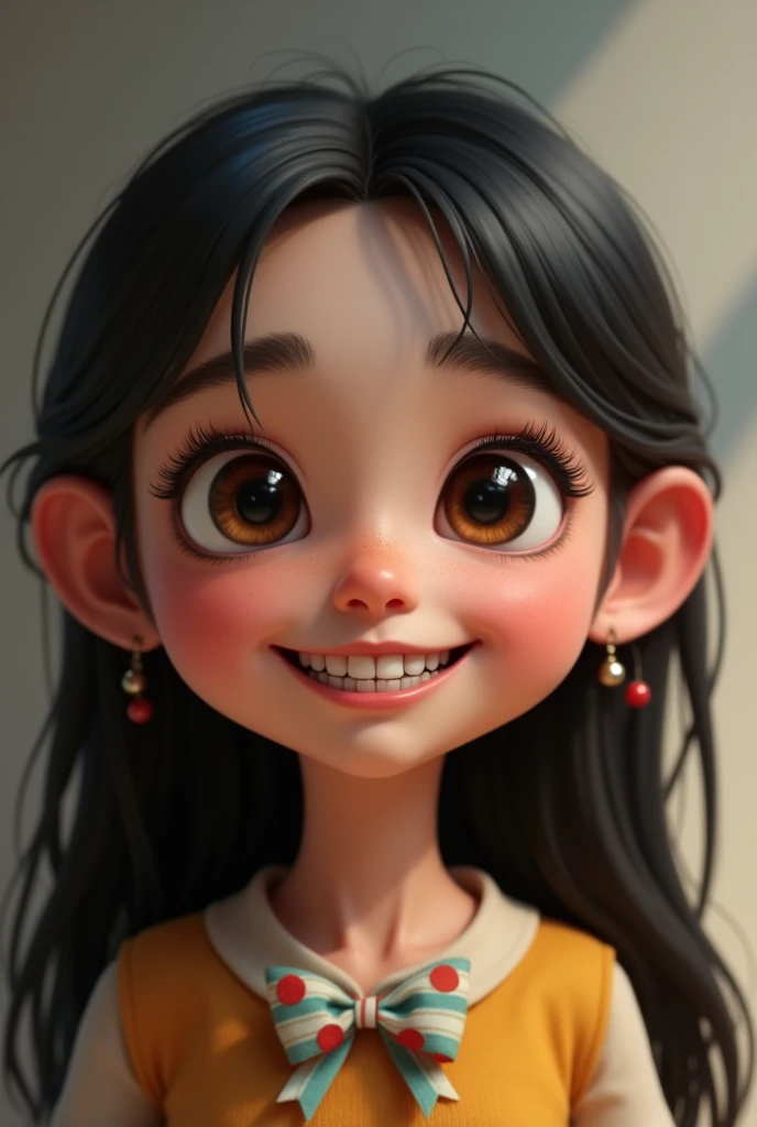 Create a 1 girl, long dark hair, wide forehead, bushy eyebrows, long but straight eyelashes, double parapated, big dark brown eyes, medium nose, medium sized lips a little dark, crooked and large teeth, smiling, thesis clara/neutral, medium ears, wearing a...