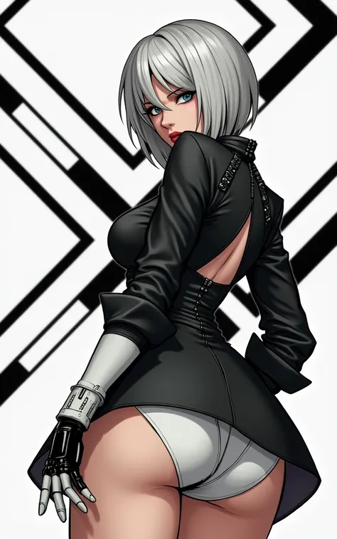 (masterpiece, best quality)), ((((perfect anatomy)))), Caucasian android woman with short silver hair, ((elaborate black dress)) (((white high cut leotard))), big butt, black eye-band, white and black gloves, digital black pattern background, (((comic book...