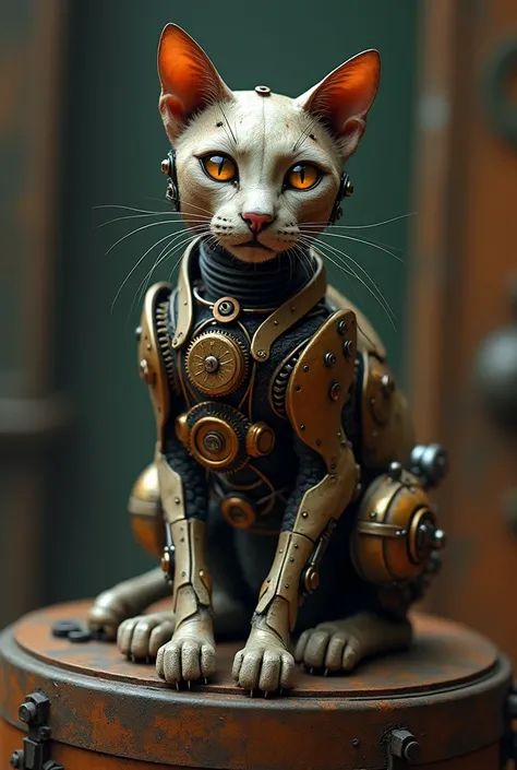 A majestic cyborg cat, crafted from intricately interconnected gears, copper wires, and polished metallic limbs, sits poised on a worn, industrial-style wooden pedestal, its body a mesmerizing blend of organic and mechanical elements, as envisioned by Alej...