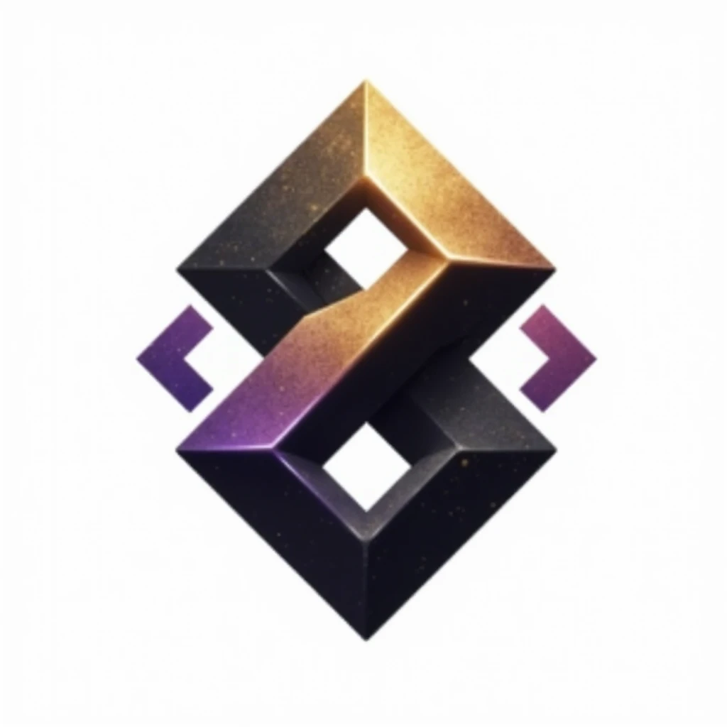 A logo for technology companies, with a futuristic diamond in metal theme with black colors, gold and purple, plain white background. Mixing the 8 of infinity. Sem sombra de fundo.