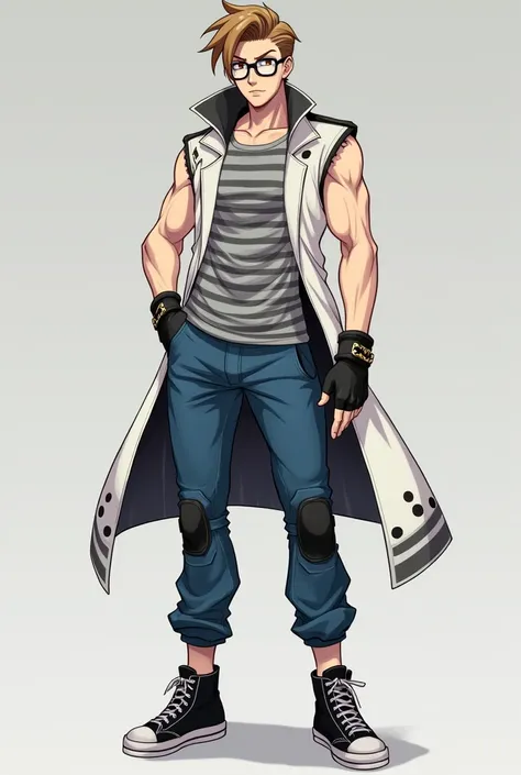 oc anime, male, draconian race, light brown hair, side pompadour with hair bangs, dark brown eyes, sharp black pupils like a snake, dark black framed glasses with white lenses, sleeveless white coat, striped gray t-shirt, rolled up sleeves and some militar...