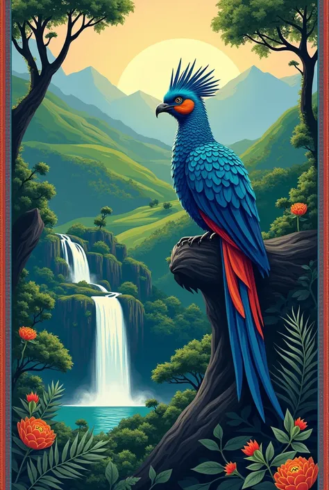 Create a drawing that represents the nature of Guatemala and above all its freedom. Include the flag and the quetzal. Simpler and more original.